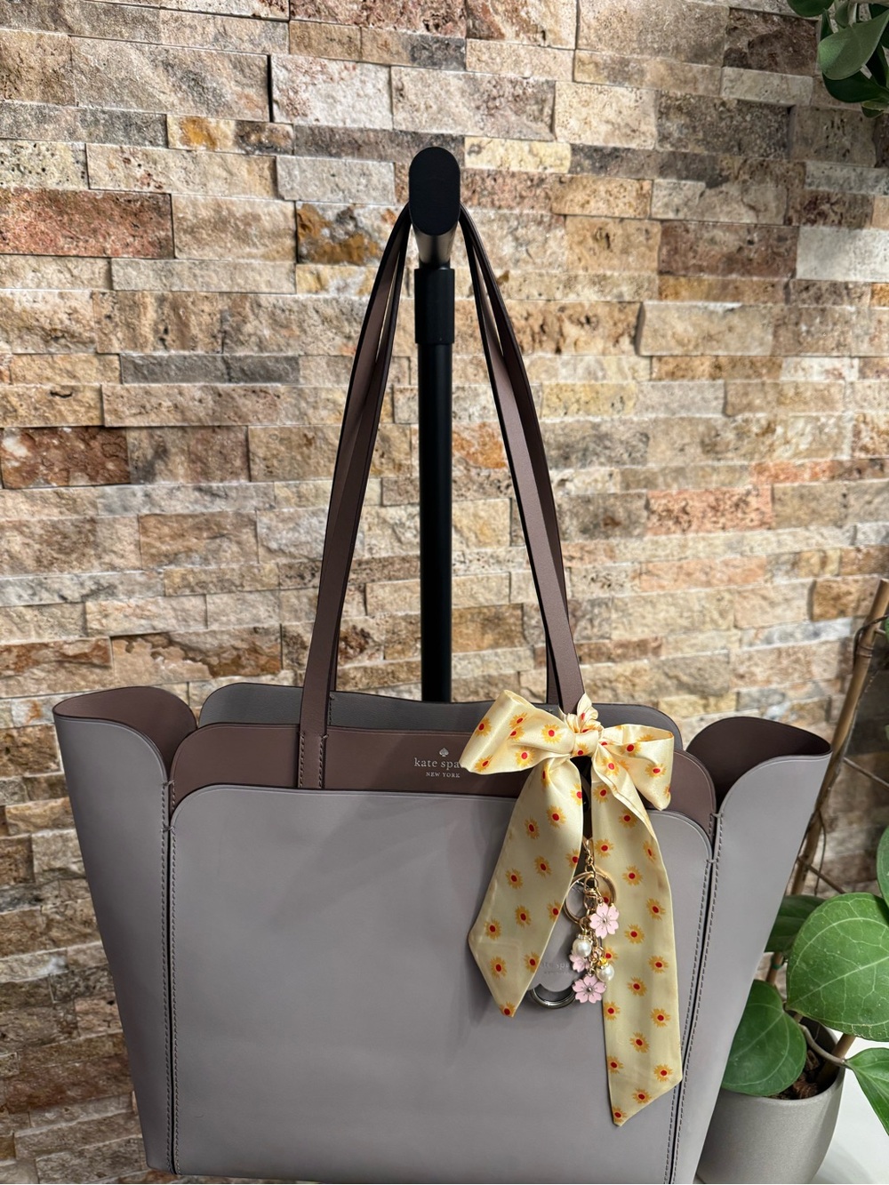 kate spade Purple Grey toned Leather Scalloped Tote with Floral Scarf Charm